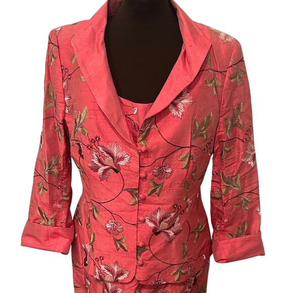 Paule Vasseur Made in France Pink 100% Silk Floral Blazer Dress Set Size 12 - Picture 3 of 16